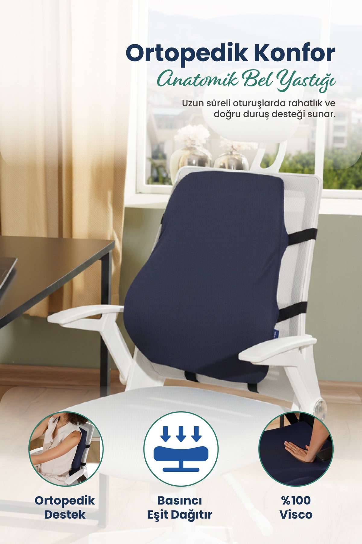 [ORTOPEDİO] Anatomik Ortopedik Visco Bel Destek Yastığı Kilitli Sabitleme Lastiği, Ofis, Araba