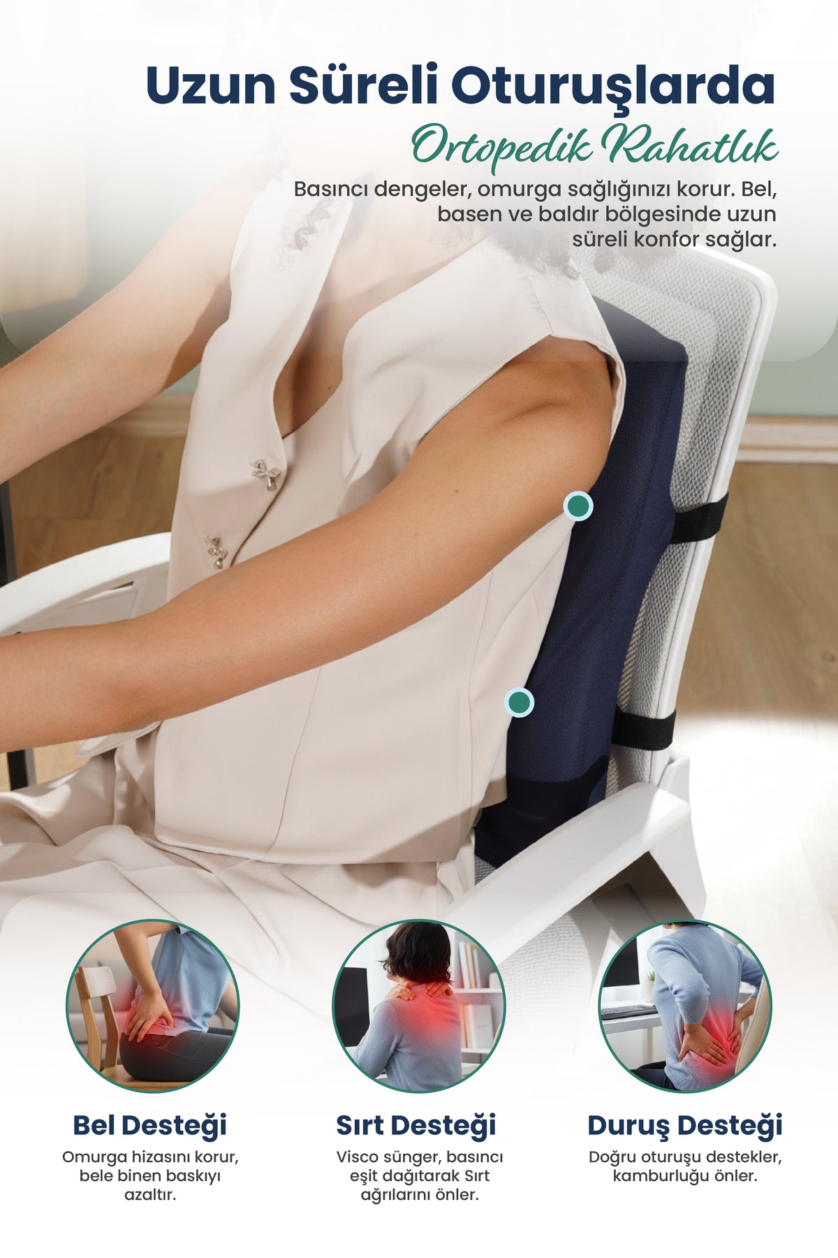 [ORTOPEDİO] Anatomik Ortopedik Visco Bel Destek Yastığı Kilitli Sabitleme Lastiği, Ofis, Araba