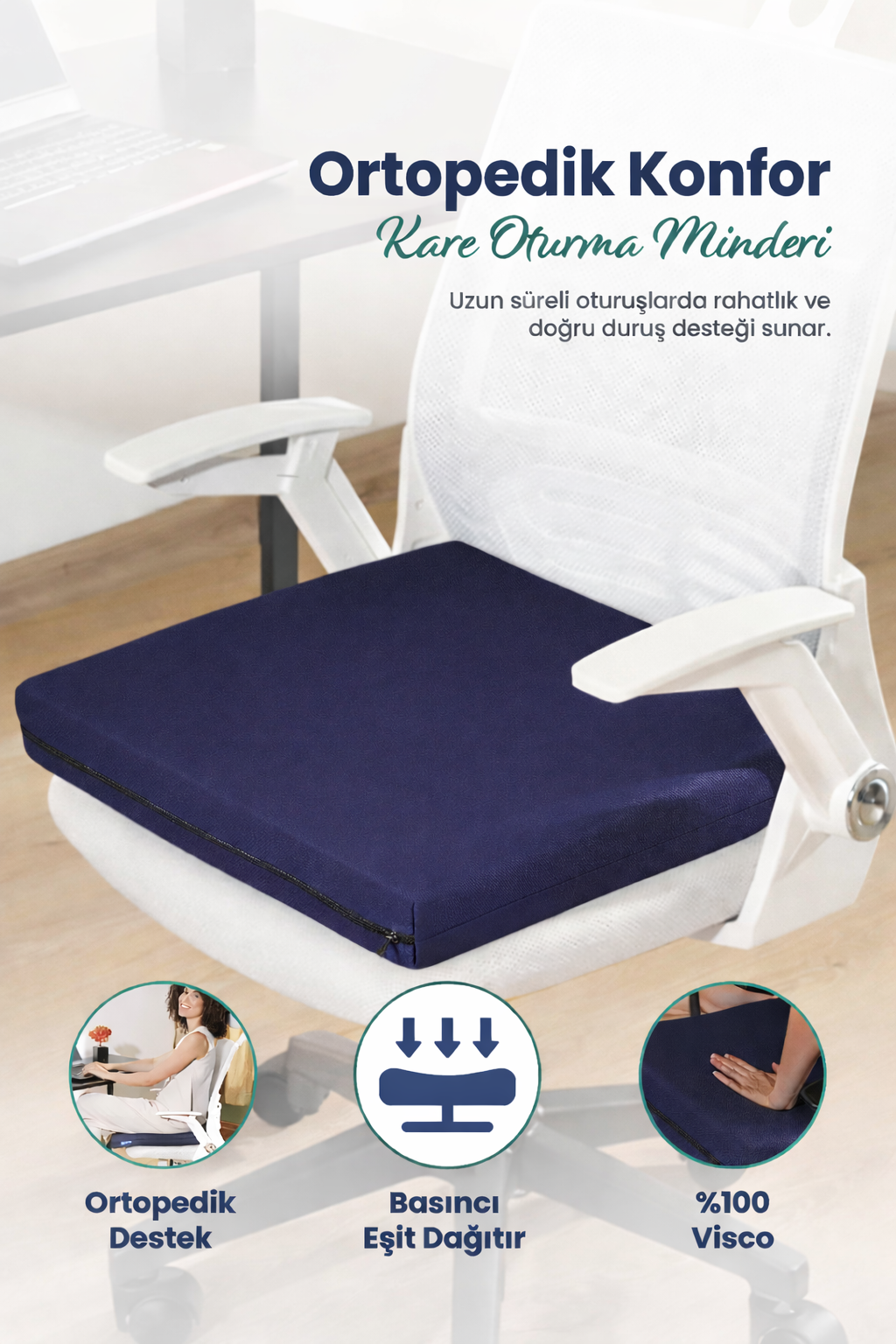 [ORTOPEDİO] Oturma Minderi Ofis Tekerlekli uyumlu  Sandalye Bahçe Mobilyası Minderi Kare Visco Ortopedik Minder