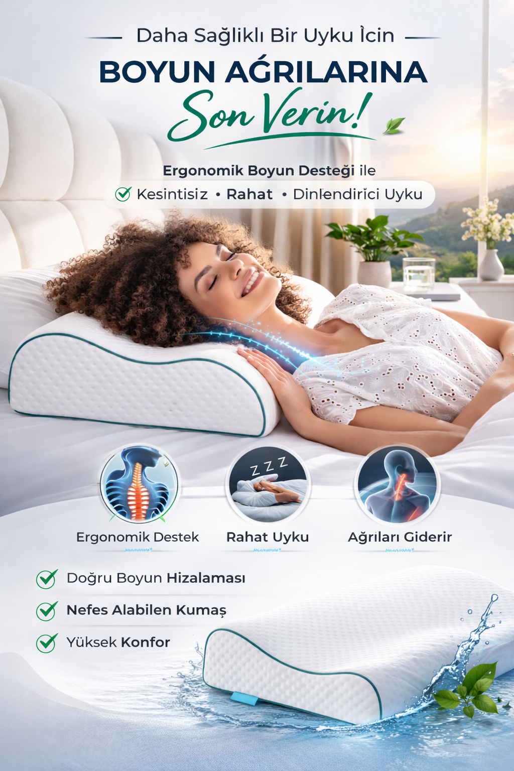 [ORTOPEDİO] Çift Boyun Destekli Ortopedik Visco Yastık 52x32x12-10cm