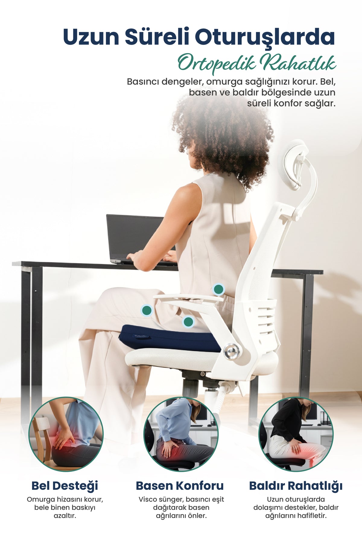 [ORTOPEDİO] Oturma Minderi Ofis Tekerlekli uyumlu  Sandalye Bahçe Mobilyası Minderi Kare Visco Ortopedik Minder