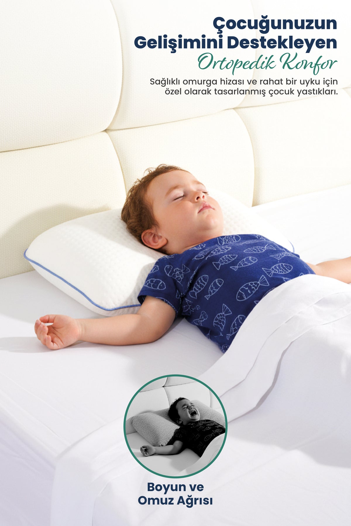 [ORTOPEDİO] Çocuk Ortopedik Visco Yastık 38x26-8 cm | 1-10 Yaş Uyumlu