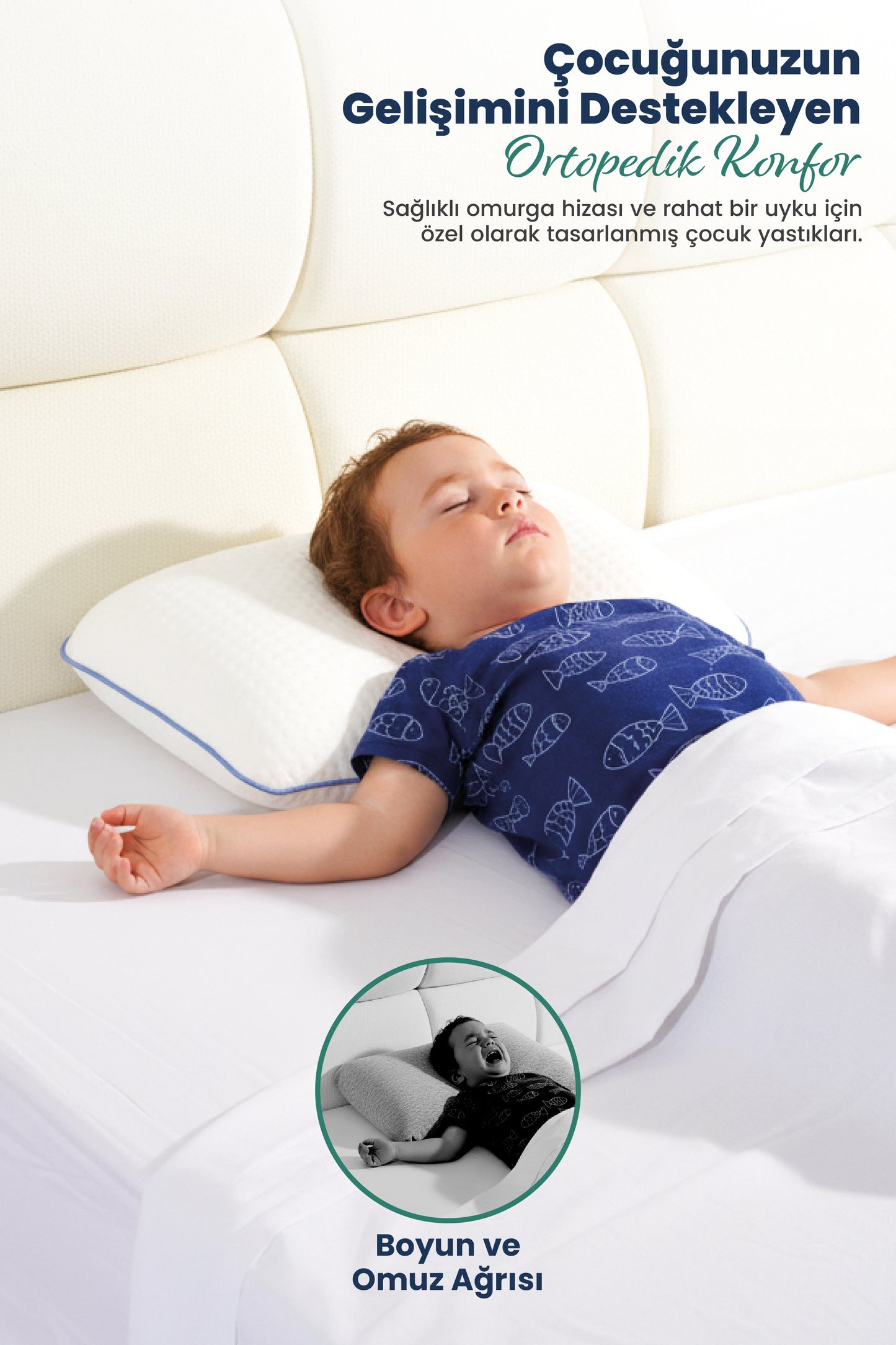 [ORTOPEDİO] Çocuk Ortopedik Visco Yastık 38x26-8 cm | 1-10 Yaş Uyumlu
