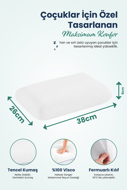 [ORTOPEDİO] Çocuk Ortopedik Visco Yastık 38x26-8 cm | 1-10 Yaş Uyumlu