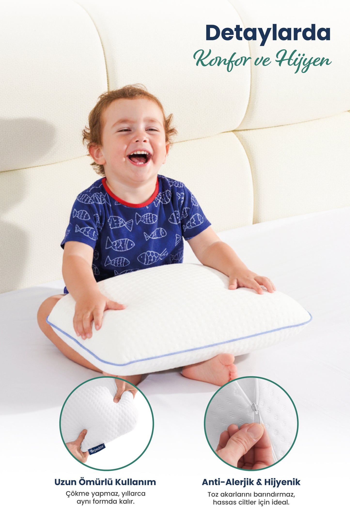 [ORTOPEDİO] Çocuk Ortopedik Visco Yastık 38x26-8 cm | 1-10 Yaş Uyumlu